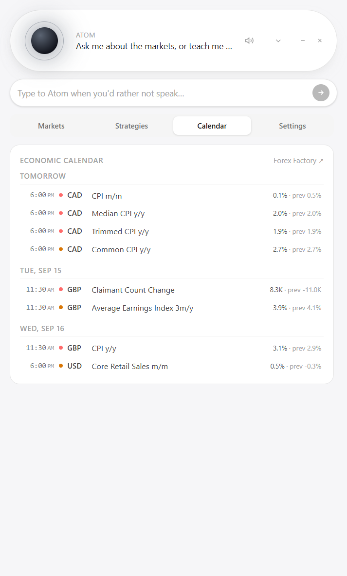 Atom's economic calendar listing upcoming CAD, GBP and USD releases by day with forecast and previous values.