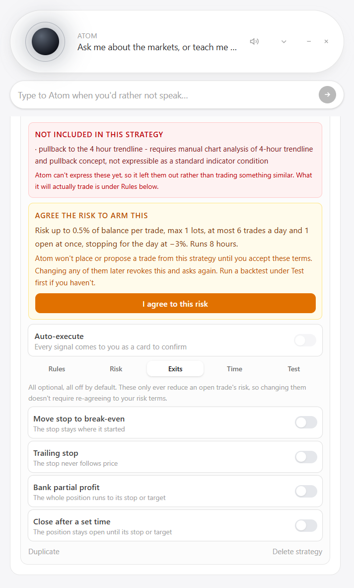 Atom's exit rules panel with break-even, trailing stop, partial close and time exit options.