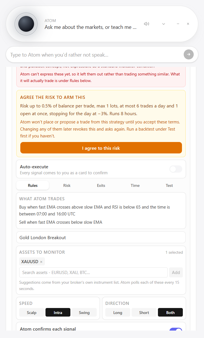 A strategy's compiled rules in plain English above the risk terms the trader must accept before Atom will trade.